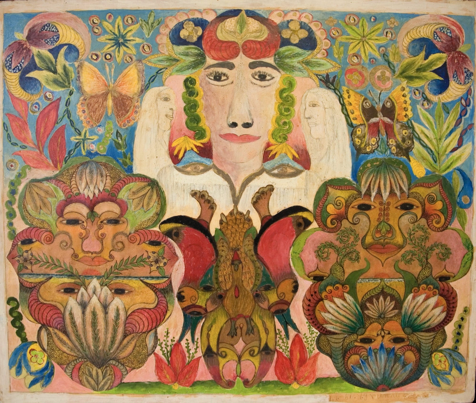 A mixed-media drawing by Minnie Evans of a face surrounded by foliage, flowers, and other faces
