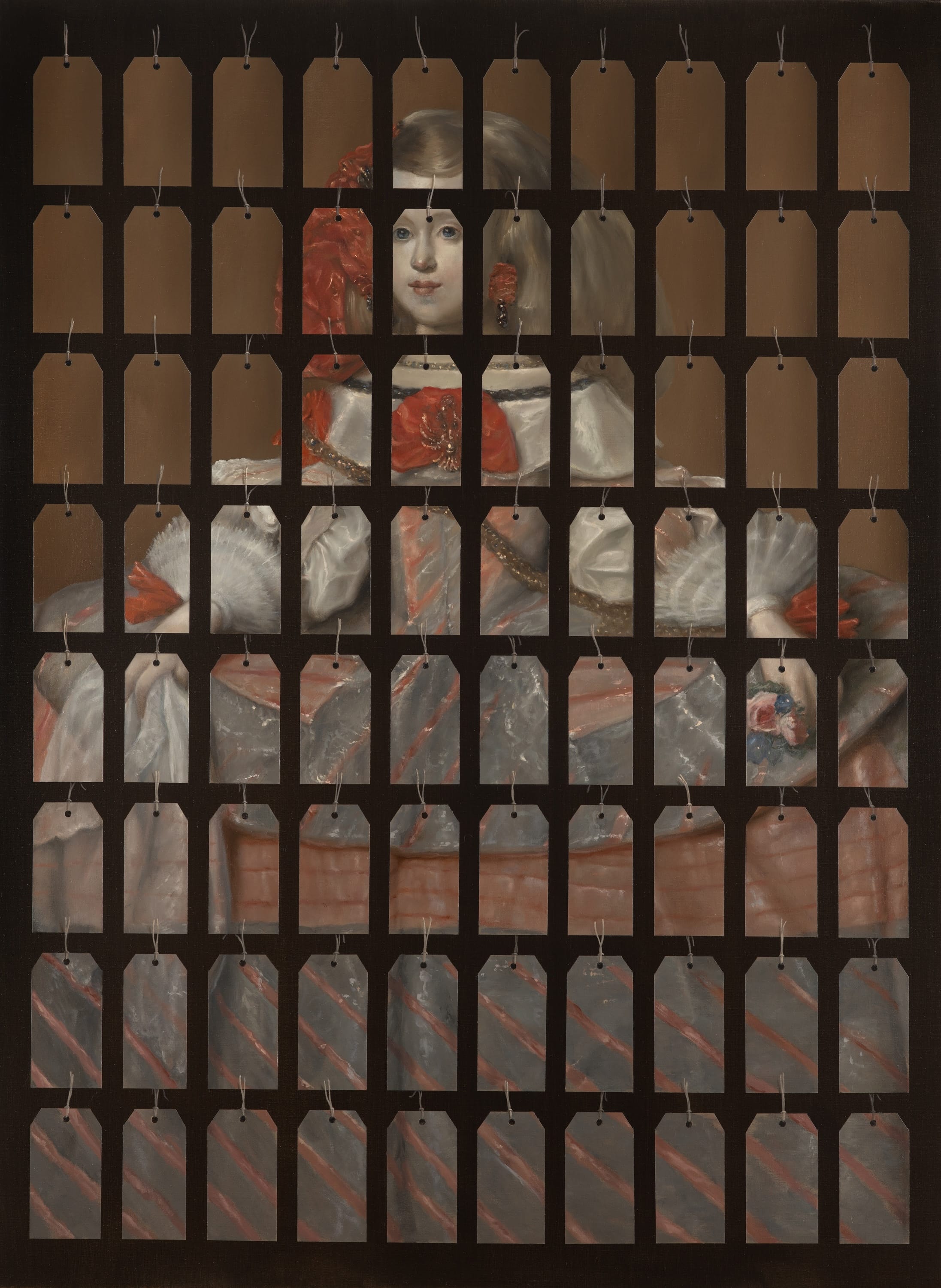 An oil painting after Velazquez by Derrick Guild of the Infanta Margarita in a huge gown, with the composition in a grid of paper tags