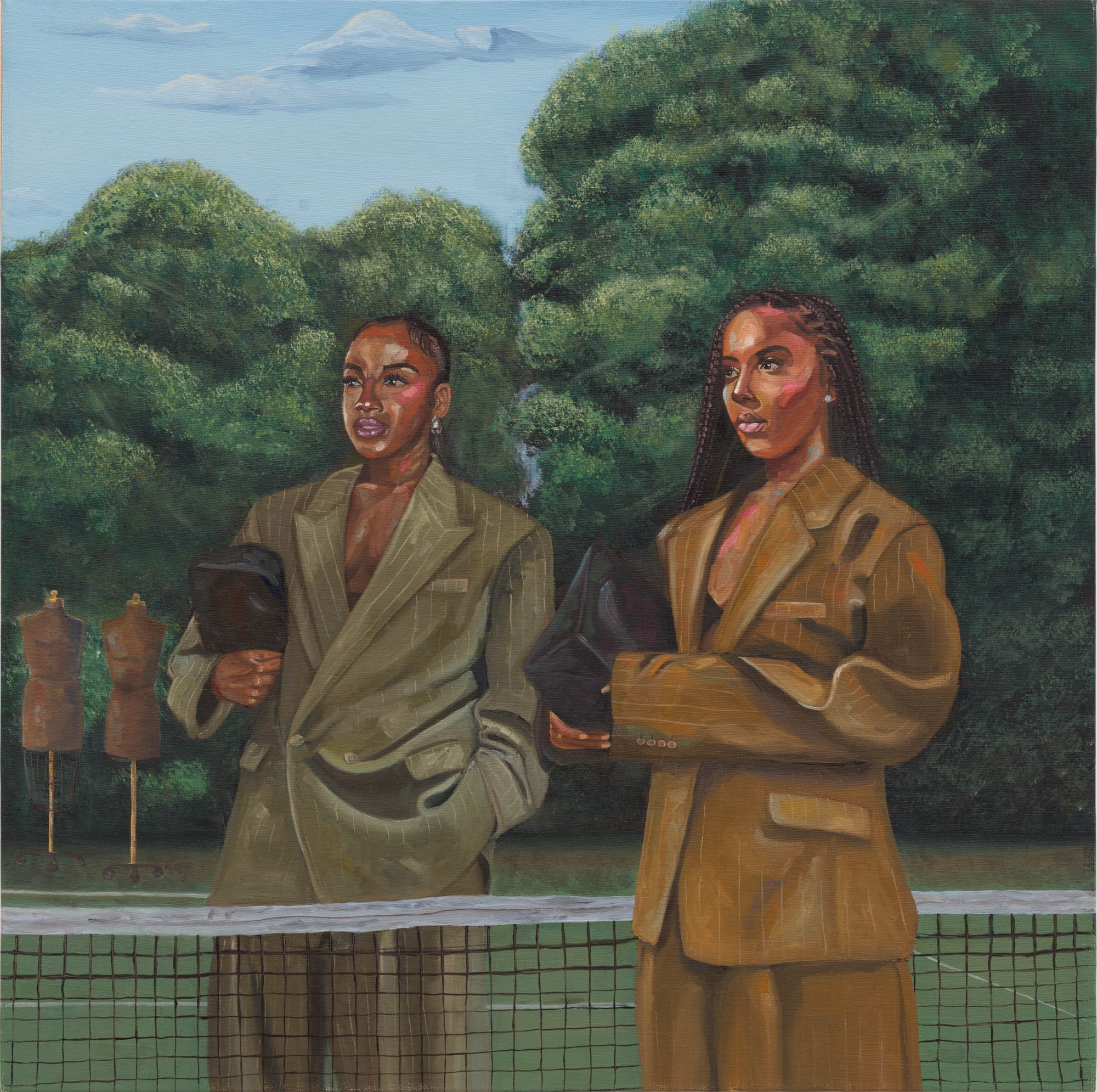 A painting by Glenn Hardy Jr. of two stylish Black women wearing complementary fashionable suits and holding handbags, standing on either side of a tennis net amid a wooded background