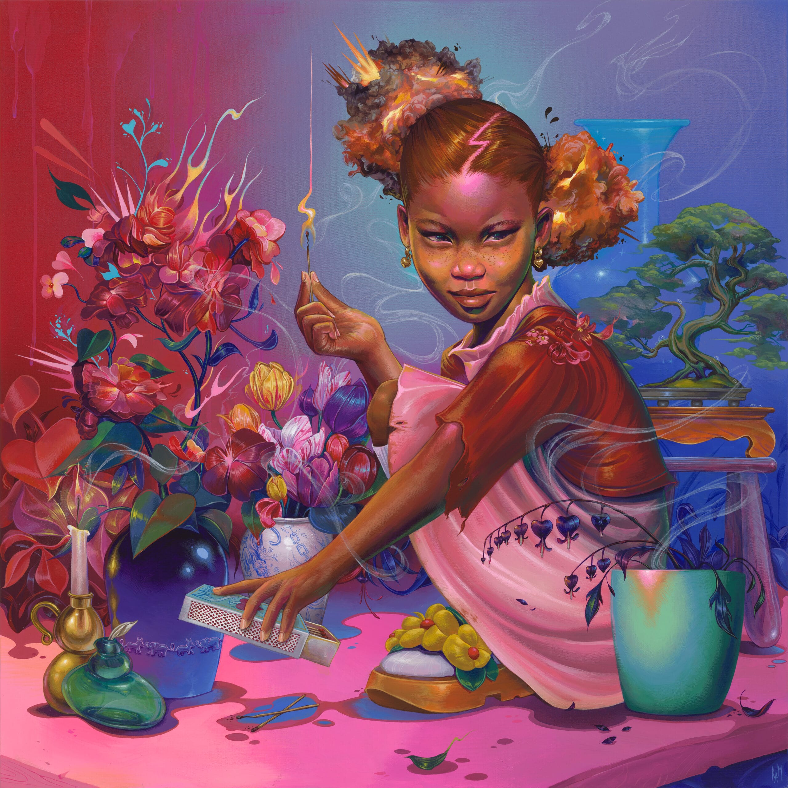 a painting by kayla mahaffey of a young girl lighting a match. flowers and lightning bolts surround her