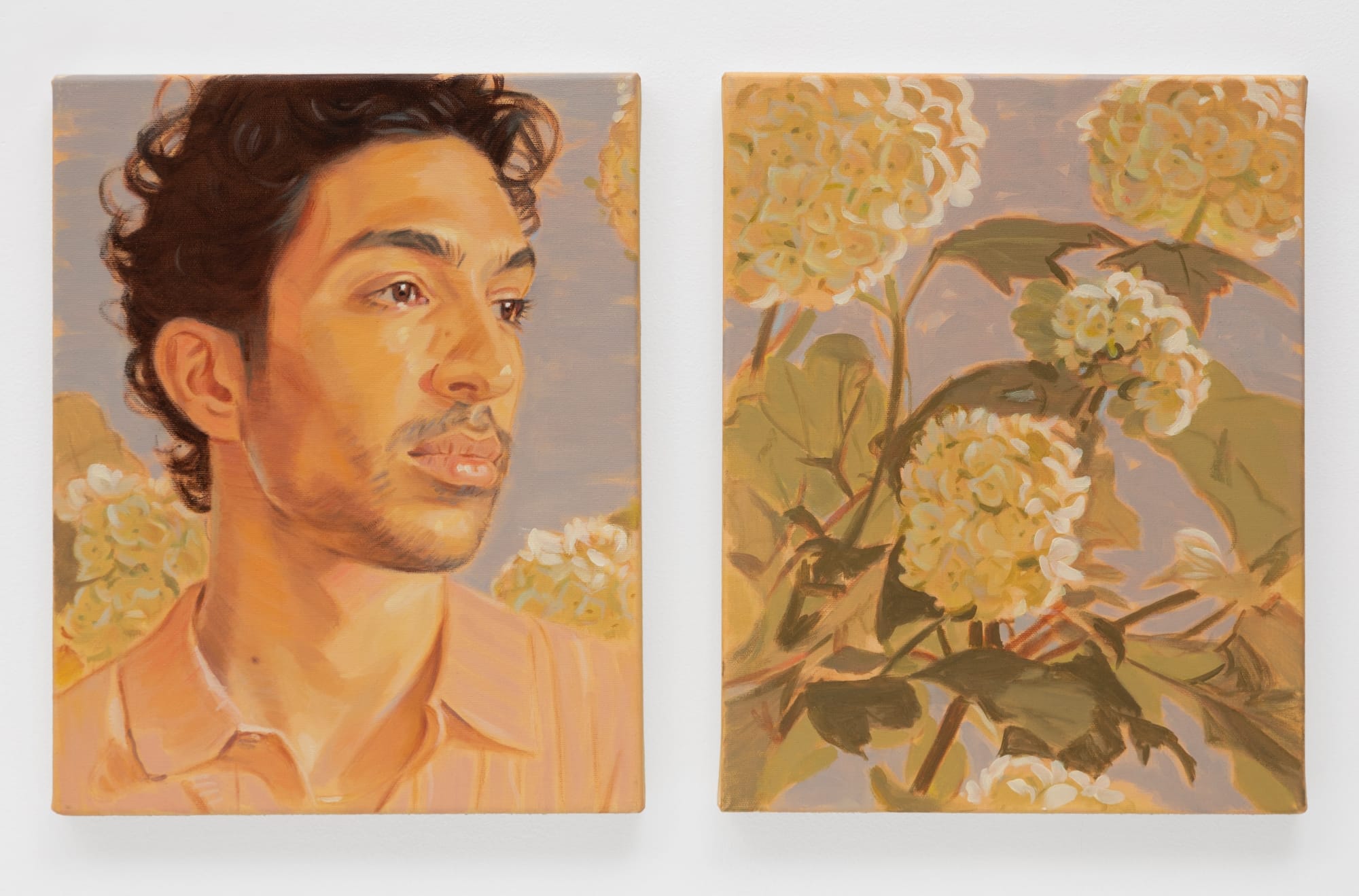a diptych by Kris Knight of a portrait of a dark haired man on the left and hydrangeas on the right