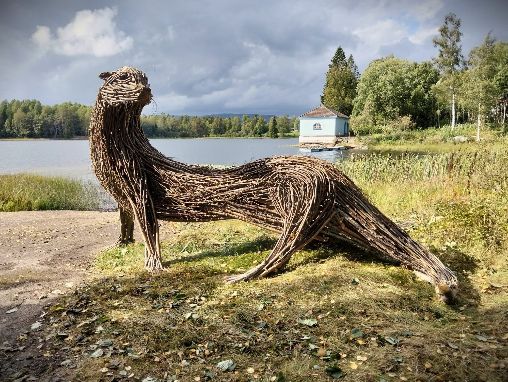 A sculpture of an otter made from branches and twigs by Rodolfo Liprandi
