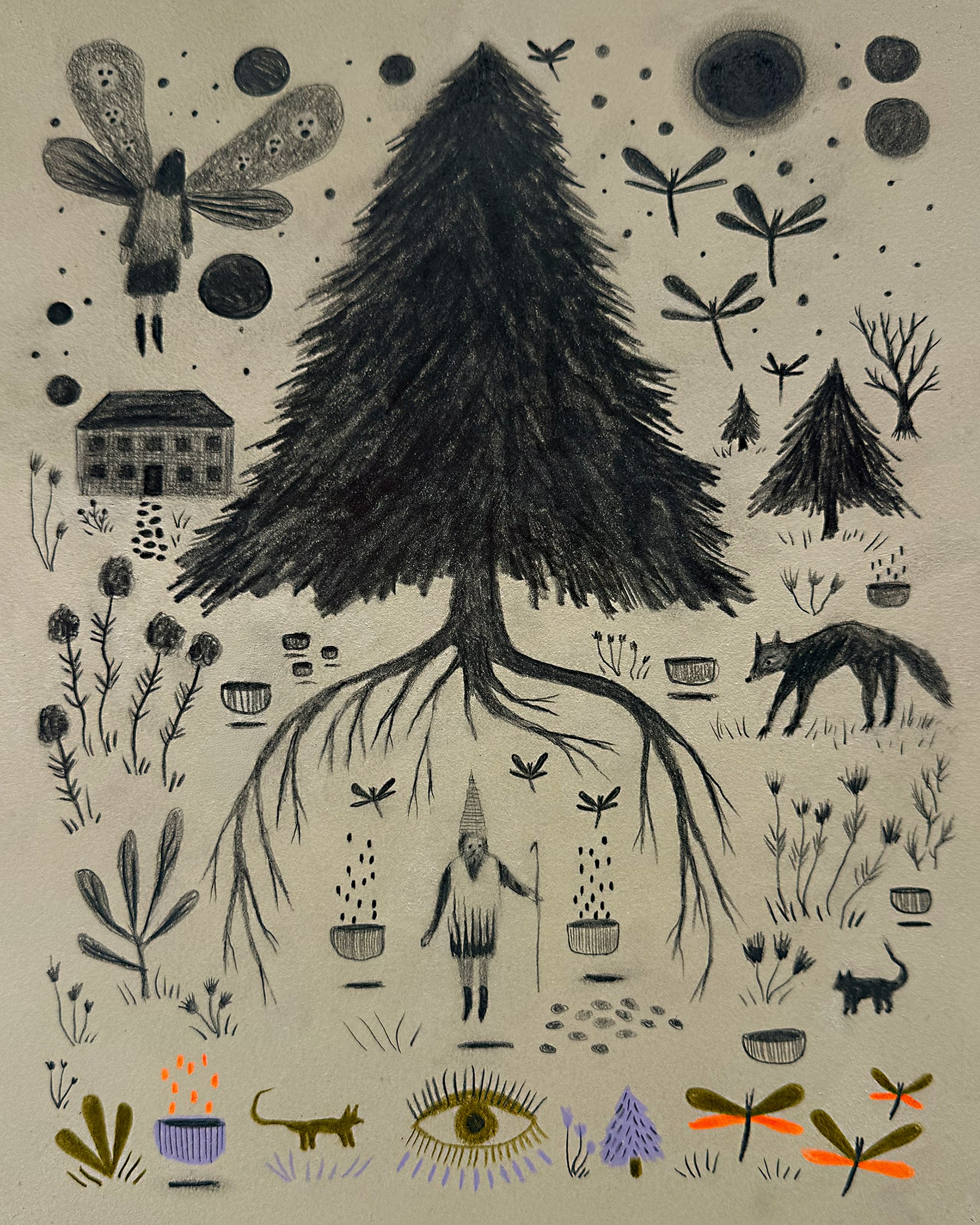 a folk-art inspired work by Michael McGrath with eyes, insects, trees and more
