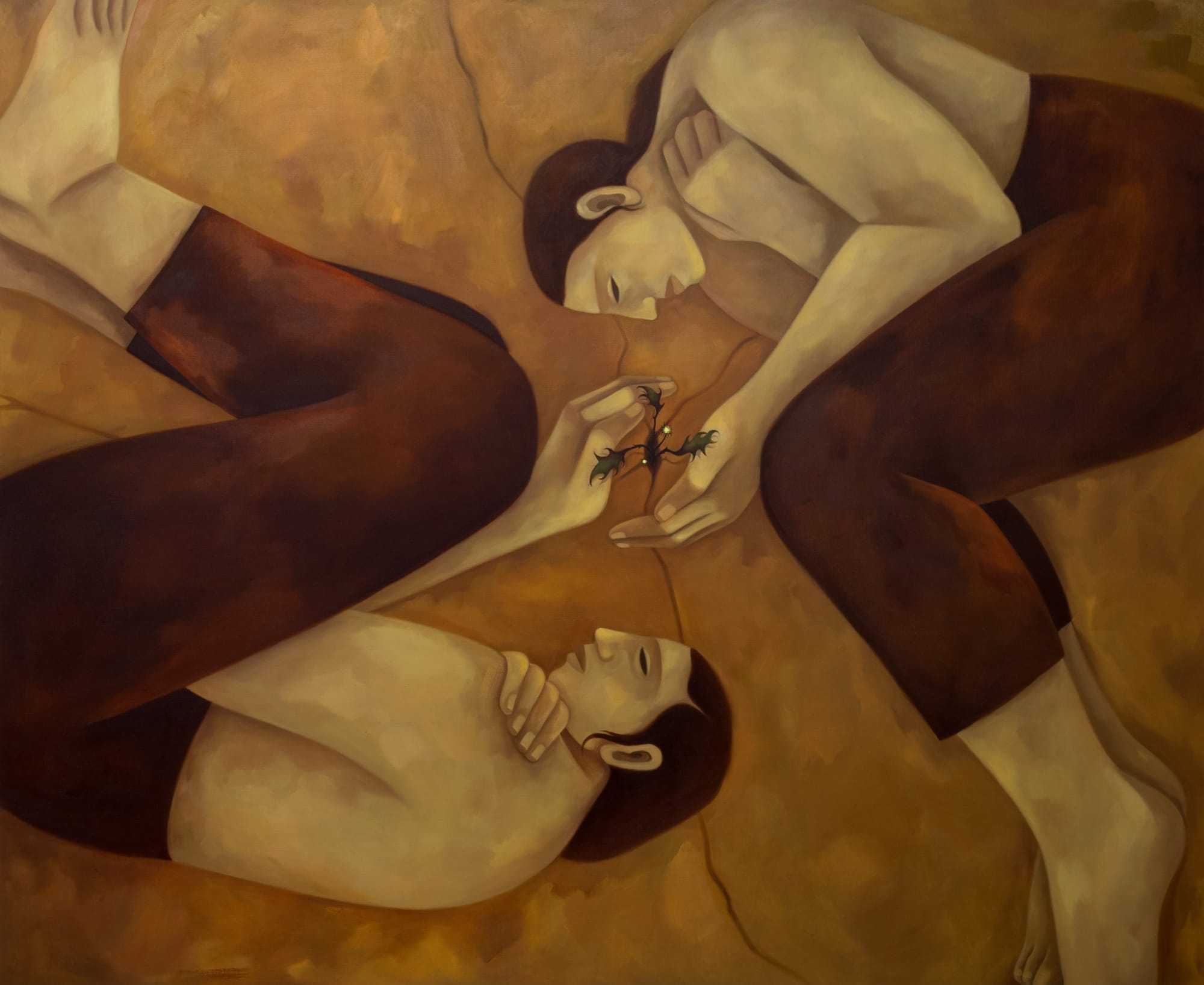 a painting by Hilda Palafox of two figures nude on top who are lying on the ground and both holding a plant