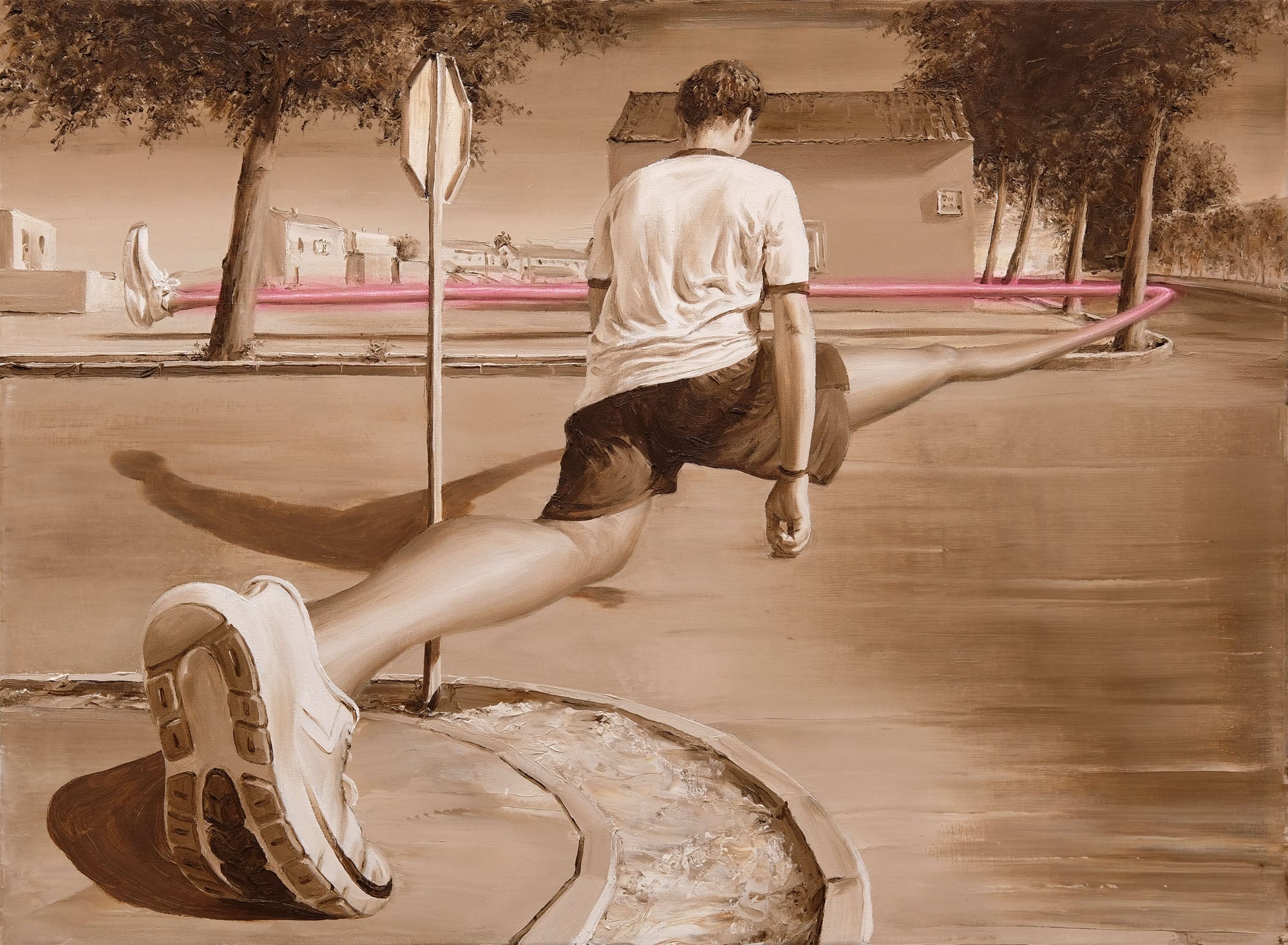 An oil painting by Paco Pomet of a young man walking across a street, with perspective exaggerated to make his back leg very large and his front leg extremely long, as it stretches around a tree across the street