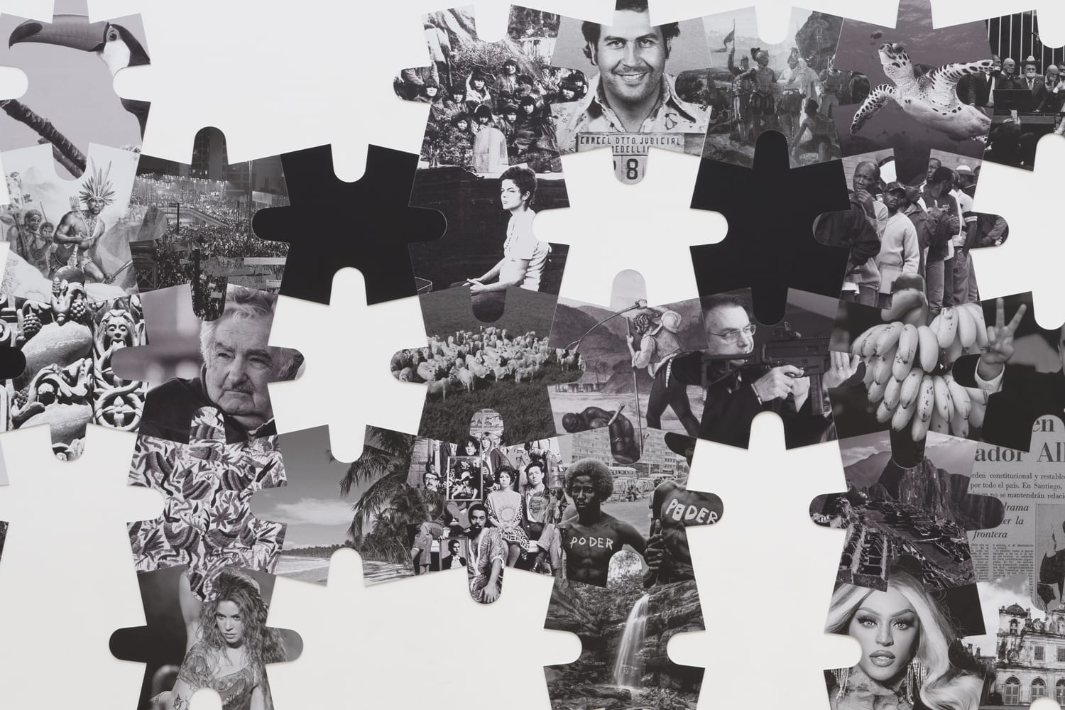 a black and white photo montage in the shape of a puzzle by Regina Silveira