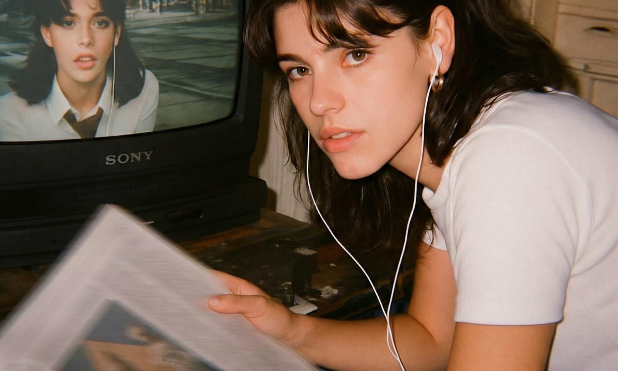 Photograph of a woman facing the camera while wearing headphones and reading a book in front of a CRT television.