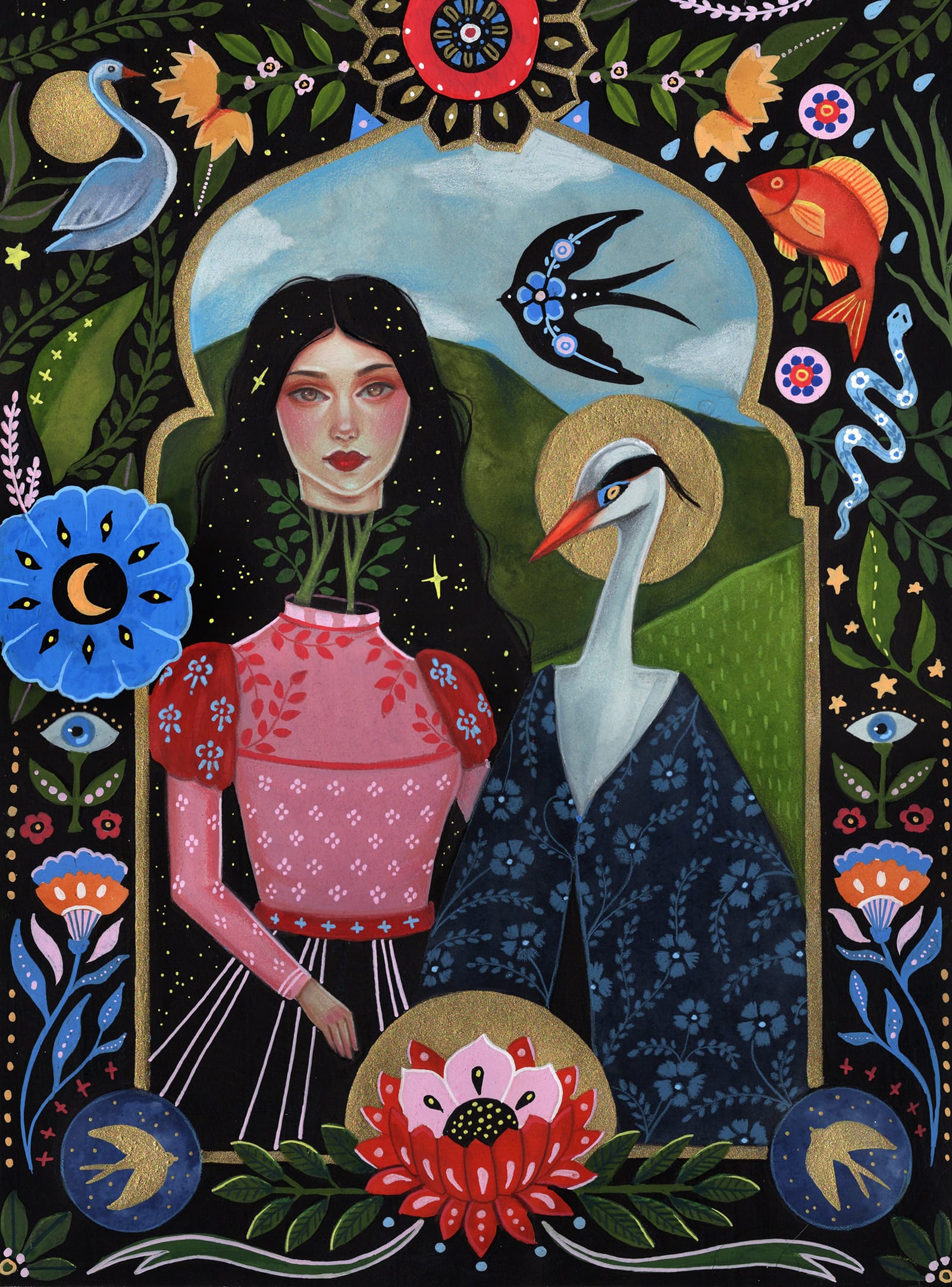 a folk-art inspired portrait by Aunia Kahn, depicting a woman with a floating head and a swan standing next to each other. floral and avian motifs pattern around the middle and out toward the borders of the piece.