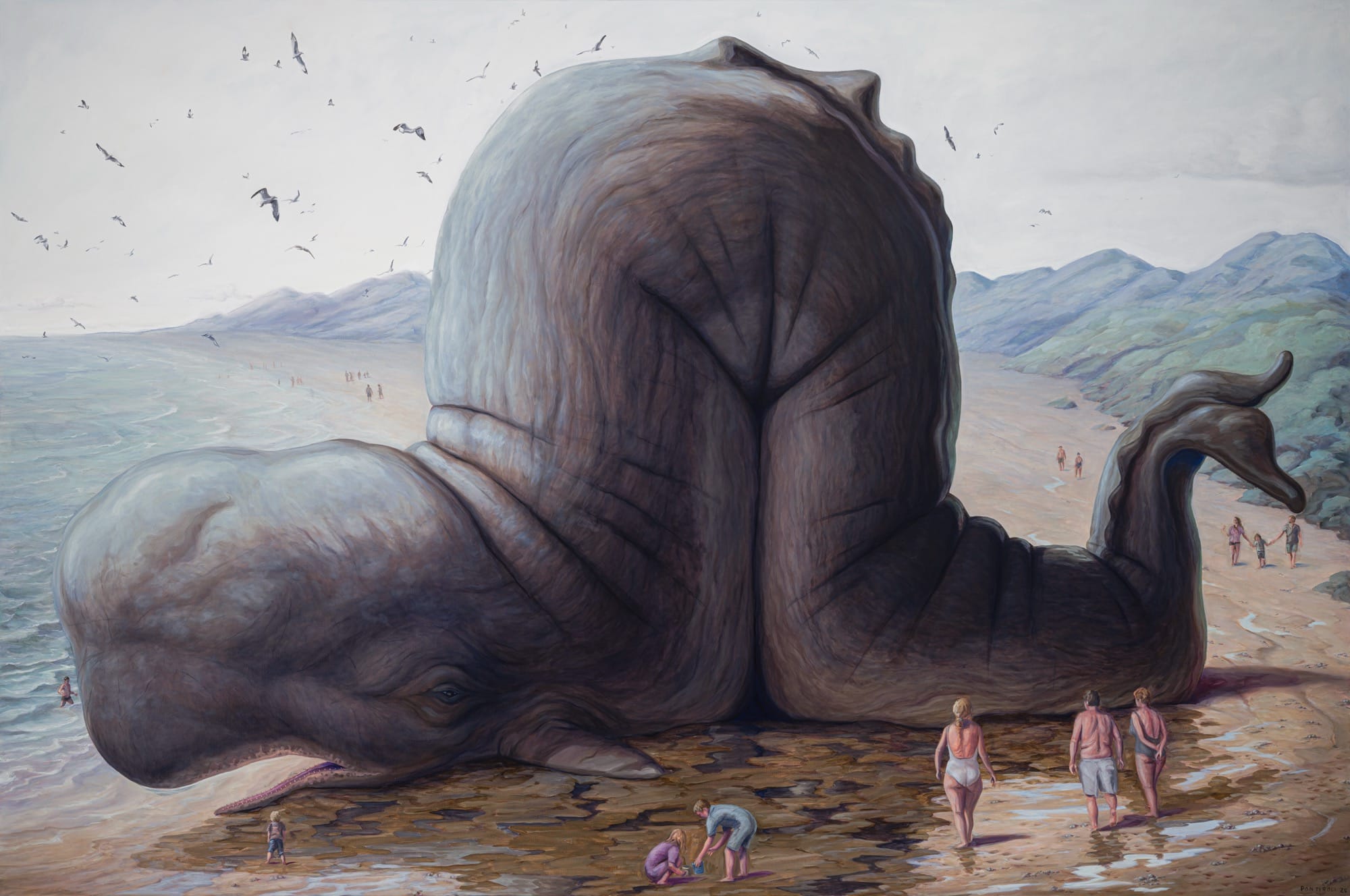 An absurdist painting by Bruno Pontiroli of a giant, scrunched whale on the shore with tiny people looking on.