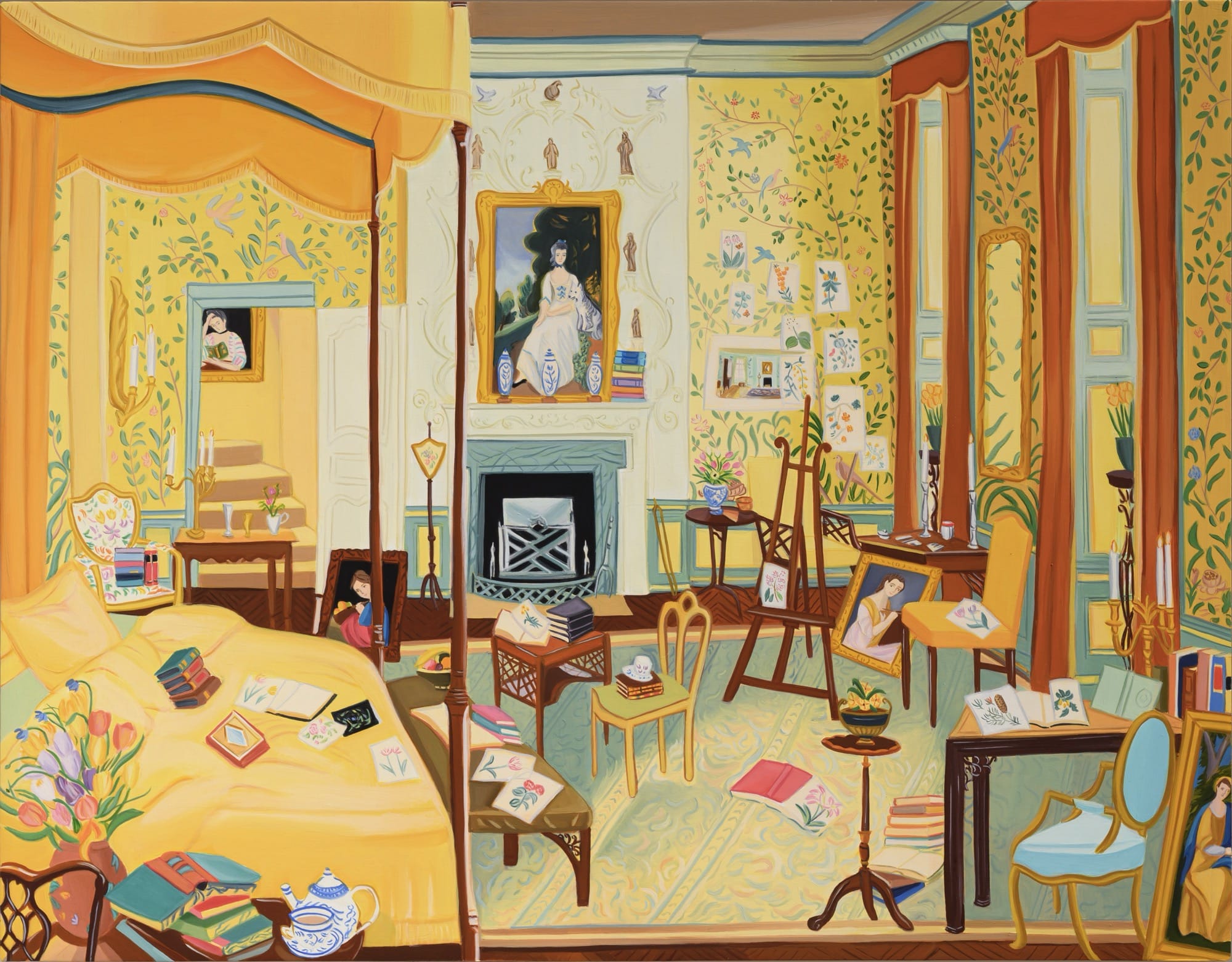 An oil and acrylic painting by Gretchen Scherer of a Georgian-era bedroom with fancy furnishings, portraits, wallpaper, and everyday items like books strewn around the room.