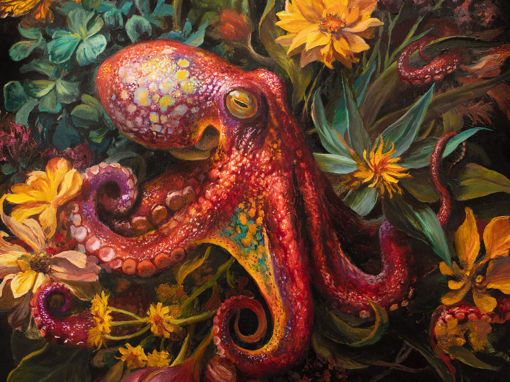 a round painting of flowers and a red octopus by Martin Wittfooth