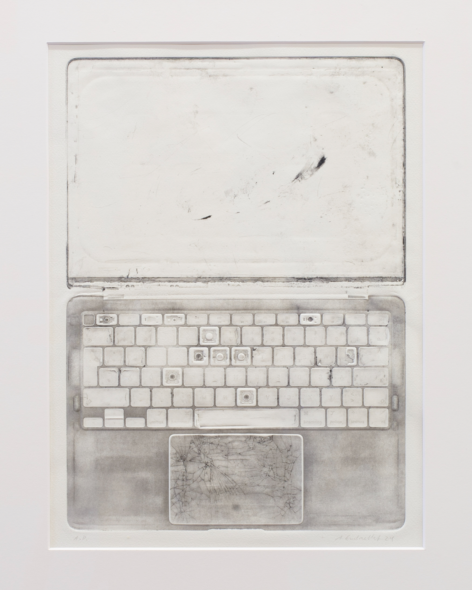 an intaglio print by Alexander Endrullat of a laptop