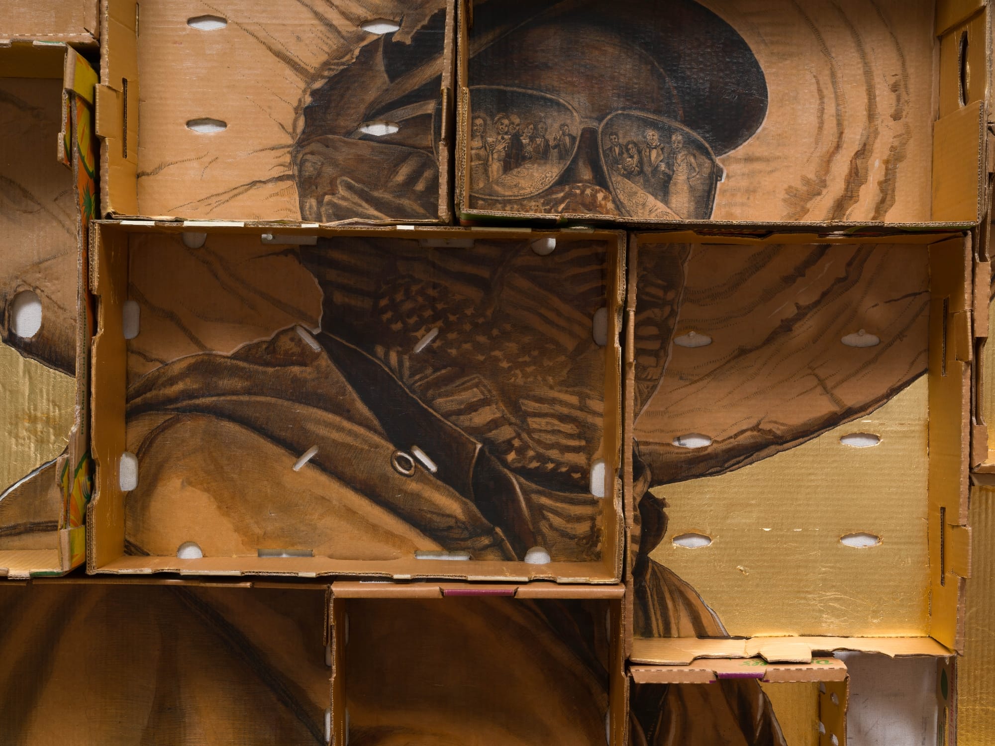 a detail images of a collection of boxes with a portrait of a farm worker by Narsiso Martinez. in the figure's glasses is a reflection of other people standing in a group