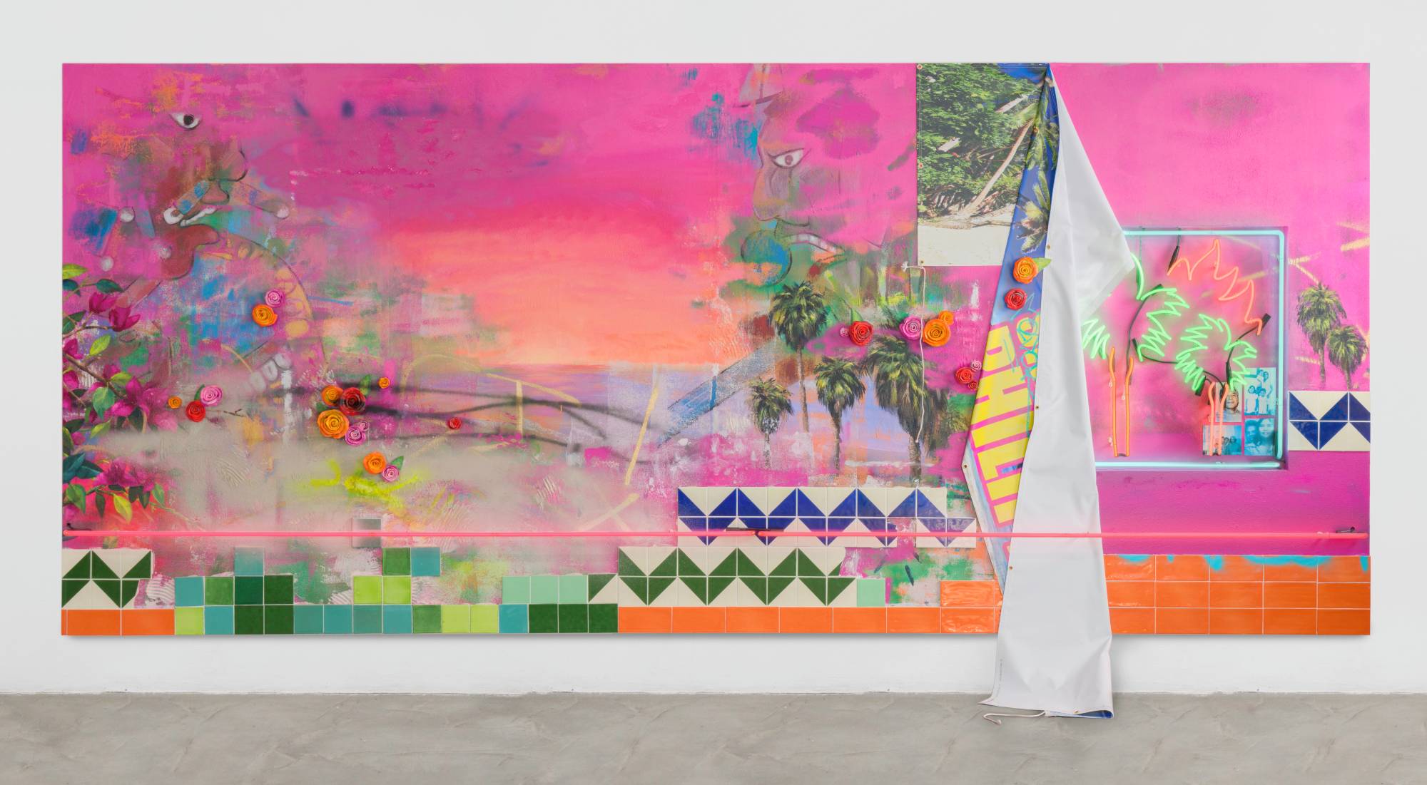 an abstracted landscape painting by Patrick Martinez with mixed media elements such as neon, photo collages, ceramic tile, and a tarp banner