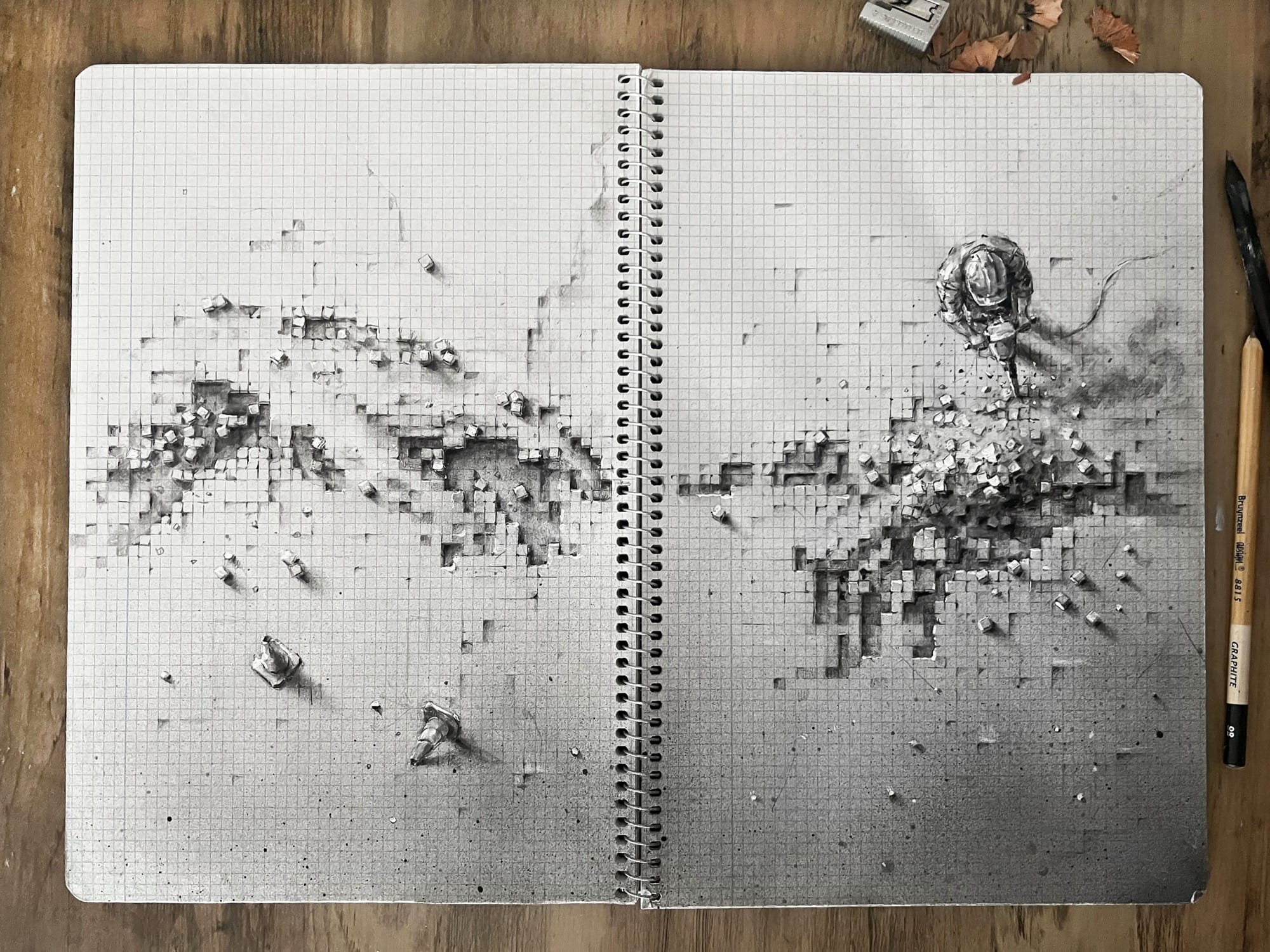 A graphite drawing on graph paper of a person using a jackhammer to break open the surface to reveal the outline of the hands of God and Adam touching from the Sistine Chapel