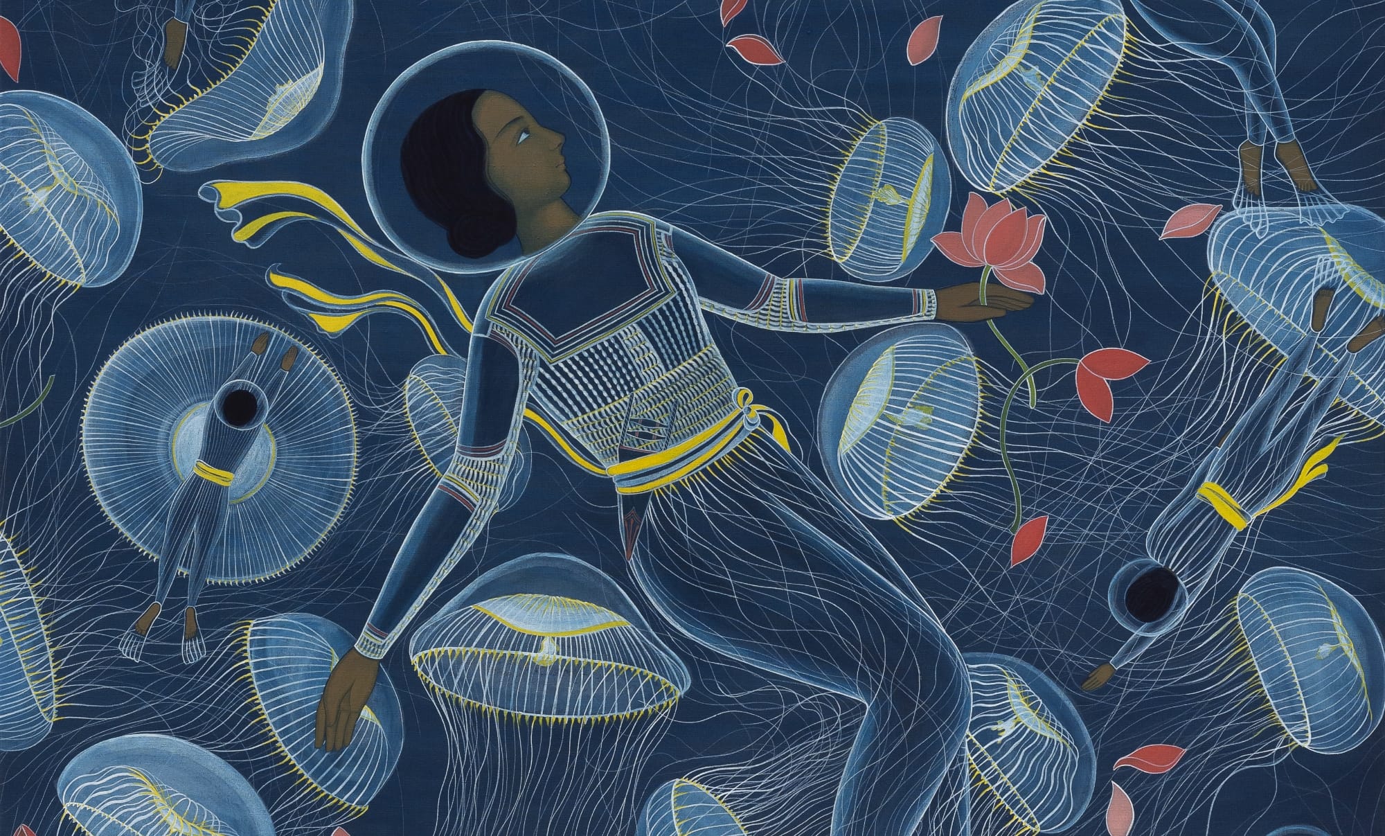 a close up image of a painting by Rupy C. Tut of women in space suits floating in blue with jellyfish
