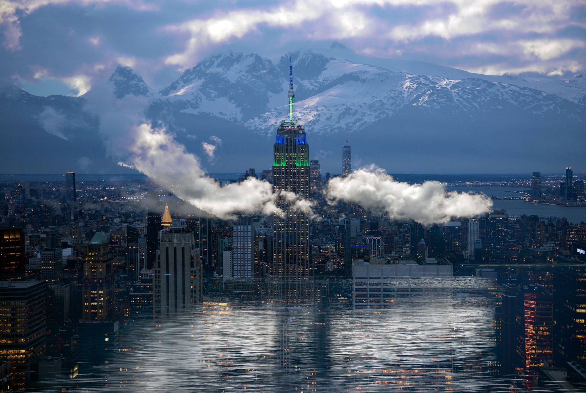 two photographs digitally superimposed, like a double-exposure, depicting the Manhattan skyline with clouds and snow-capped mountains in the background
