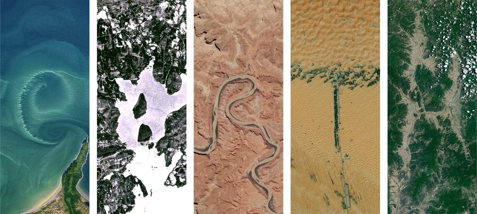 Five vertical frames of the earth's surface captured from NASA's Landsat program with landforms that loosely resemble letters of the alphabet, arranged to spell "EARTH"