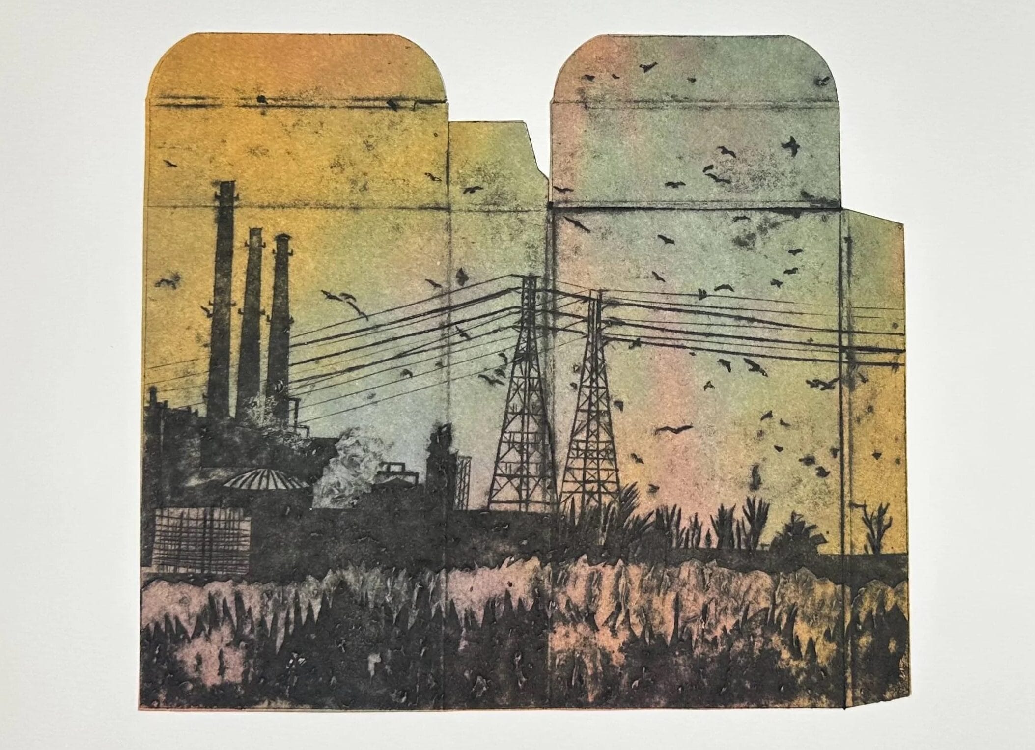 a collagraph print made in the outline of a small, flattened, cardboard carton with imagery of birds in the air and huge electrical pulons