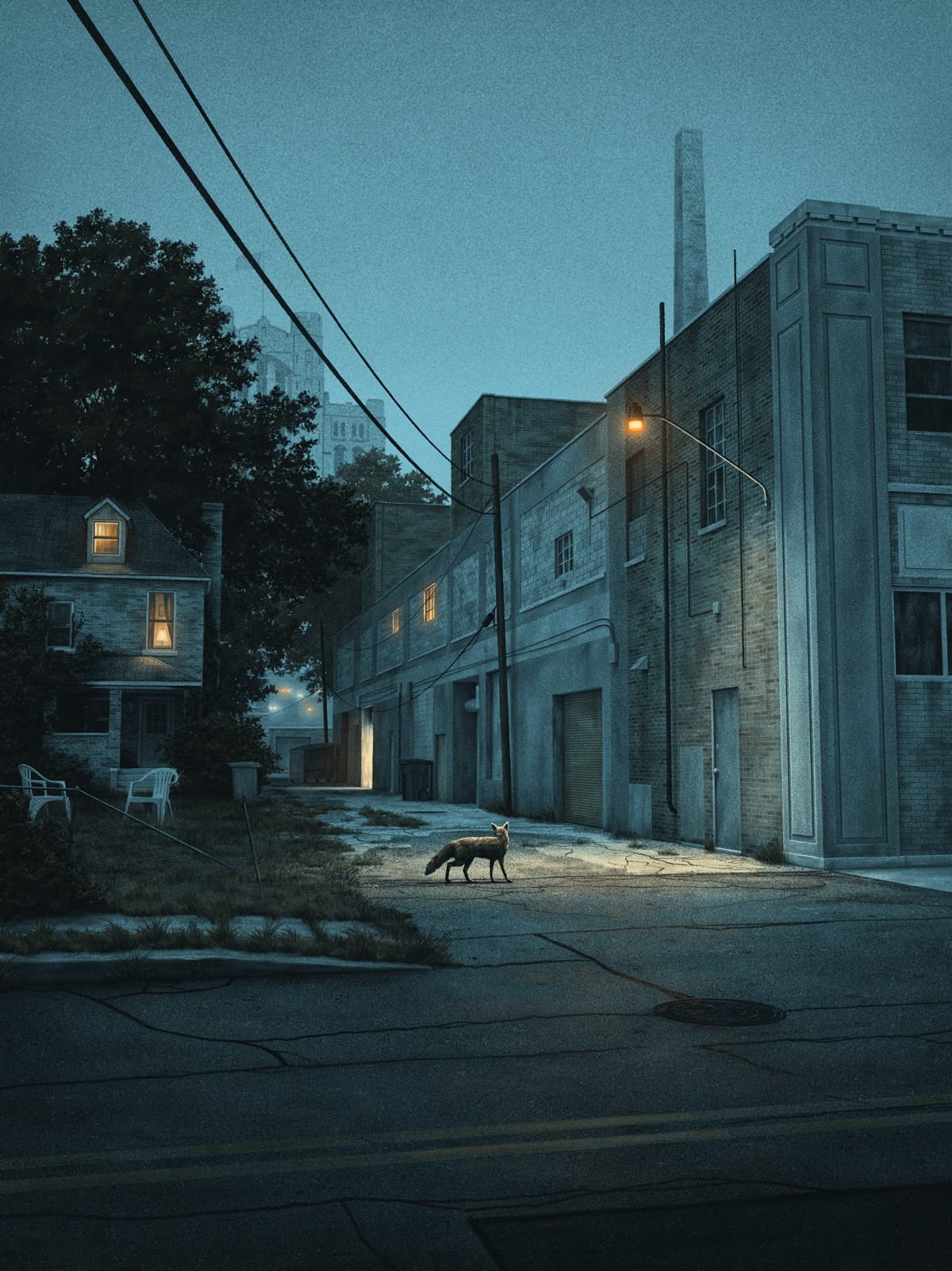 an illustration by Nichols Moegly of a fox wandering in a street light at dusk