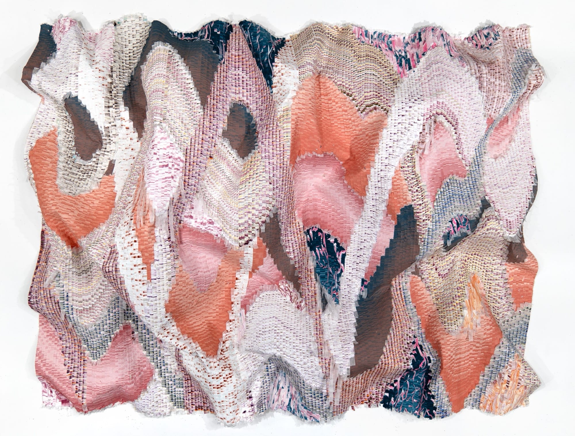 a large-scale silk and acrylic installation by Kenny Nguyen featuring thousands of strips of colorful fabric in an a textural, undulating, abstract composition