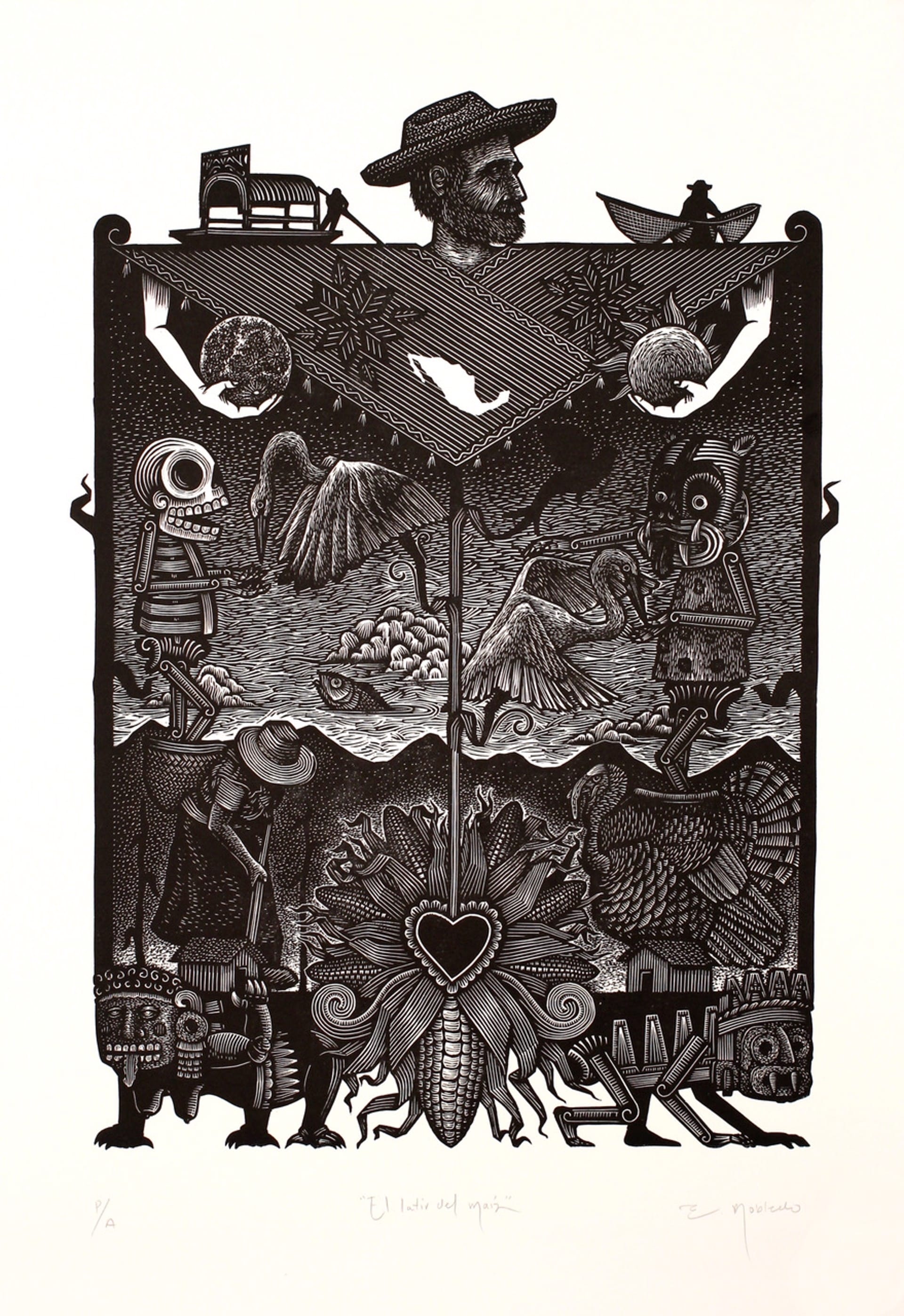 a linocut print by Eduardo Robleno of skeletons, birds, hearts, and other motifs in a black-and-white tableau
