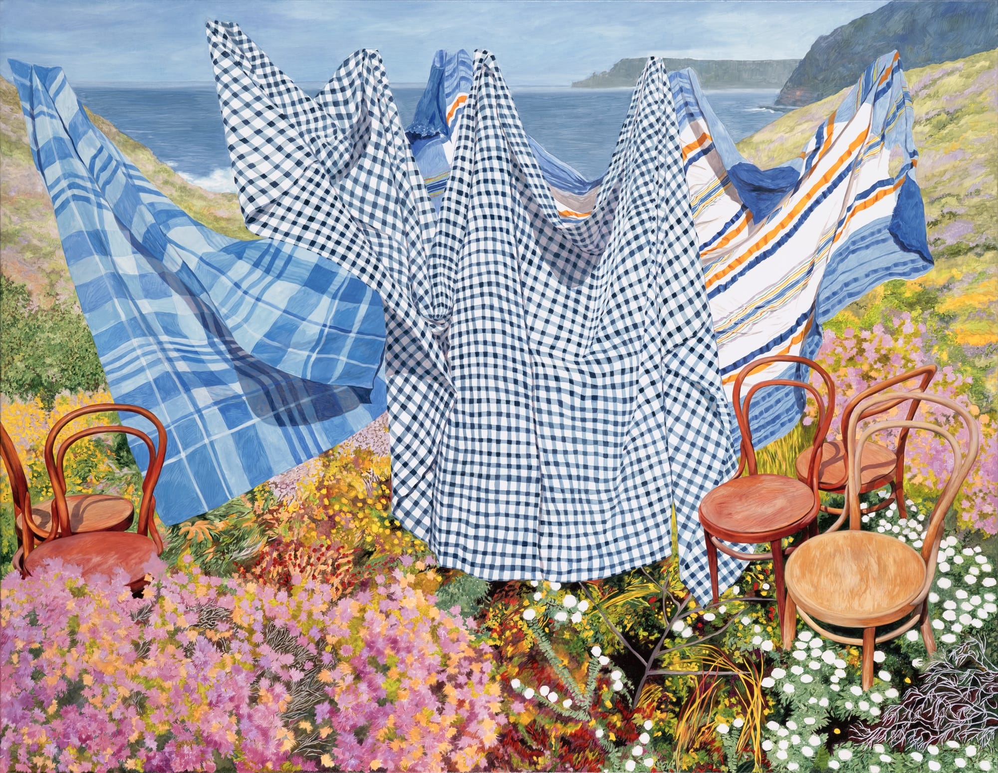 a painting by Monica Rohan of patterned fabrics floating in a lush landscape with bentwood chairs