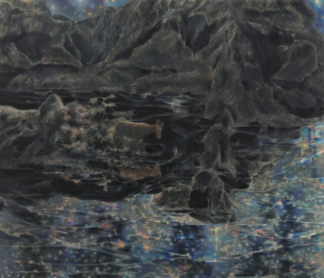 a mixed-media work by Marin Majic of a glimmering pond with a deer looking at its reflection at night