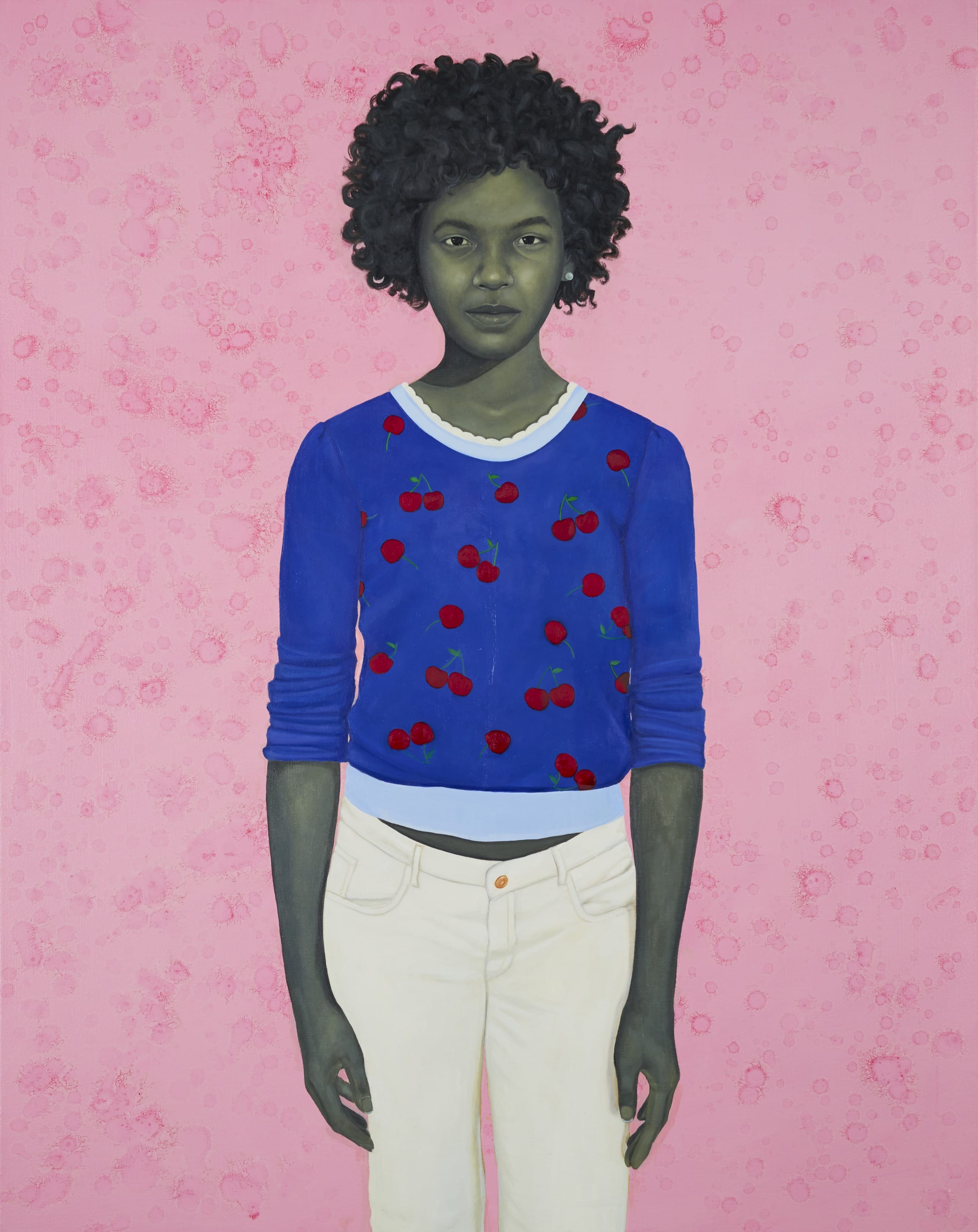 a portrait painting by Amy Sherald of a young Black woman wearing a blue shirt, set against a pink background