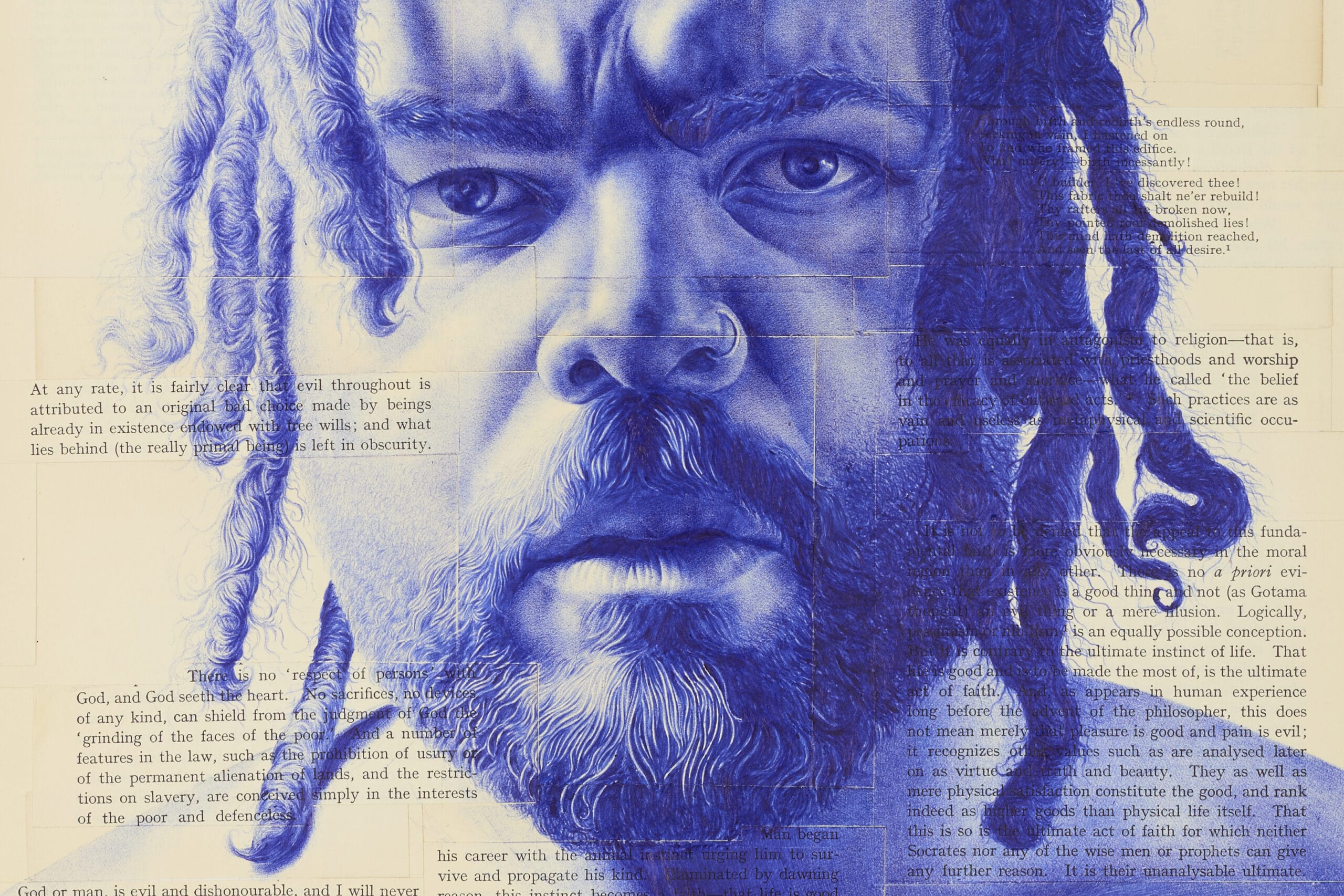 A blue ballpoint pen drawing of a man's face on antique text pages