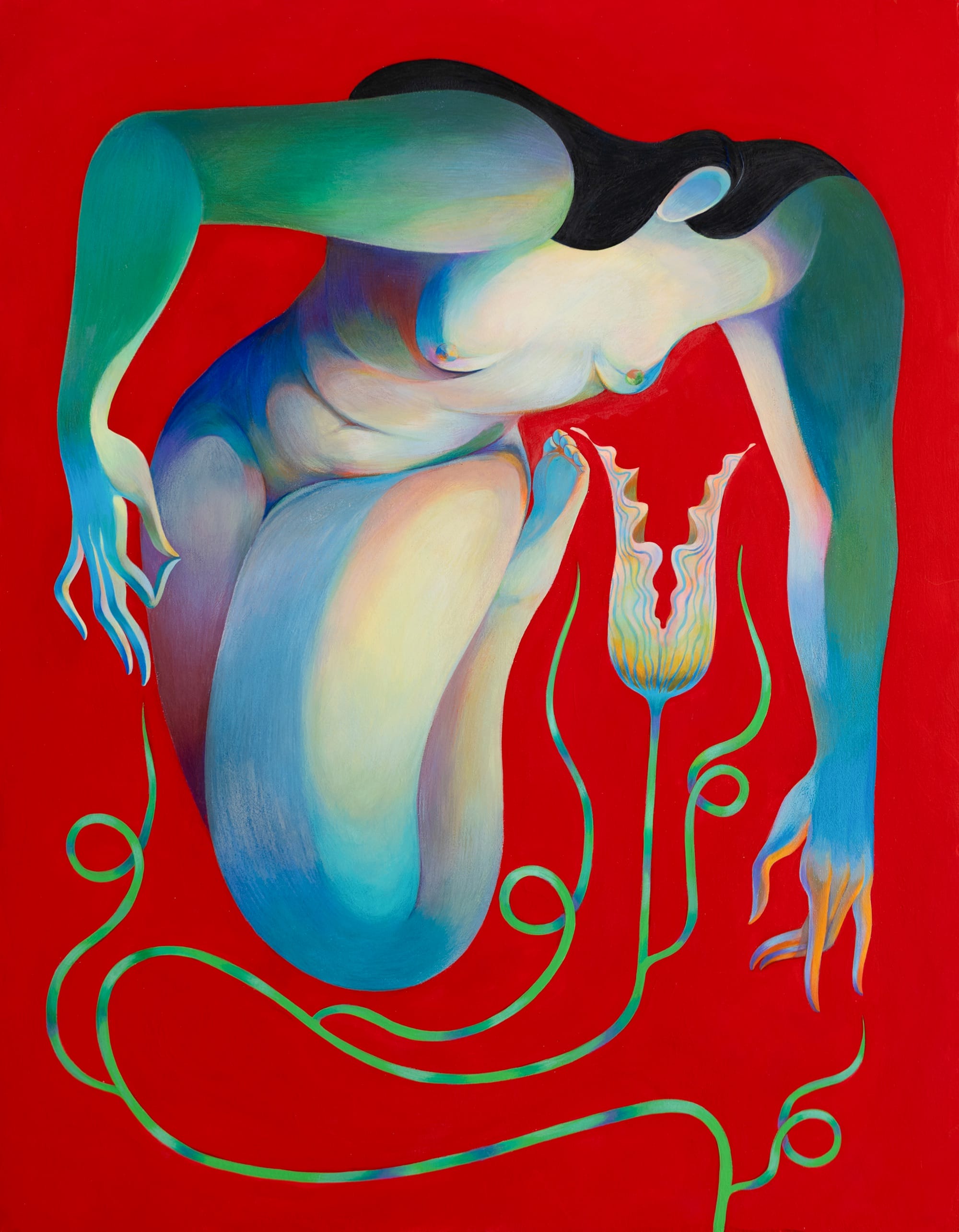 a mixed media piece of a nude, faceless woman hunching over a flower on a bright red background