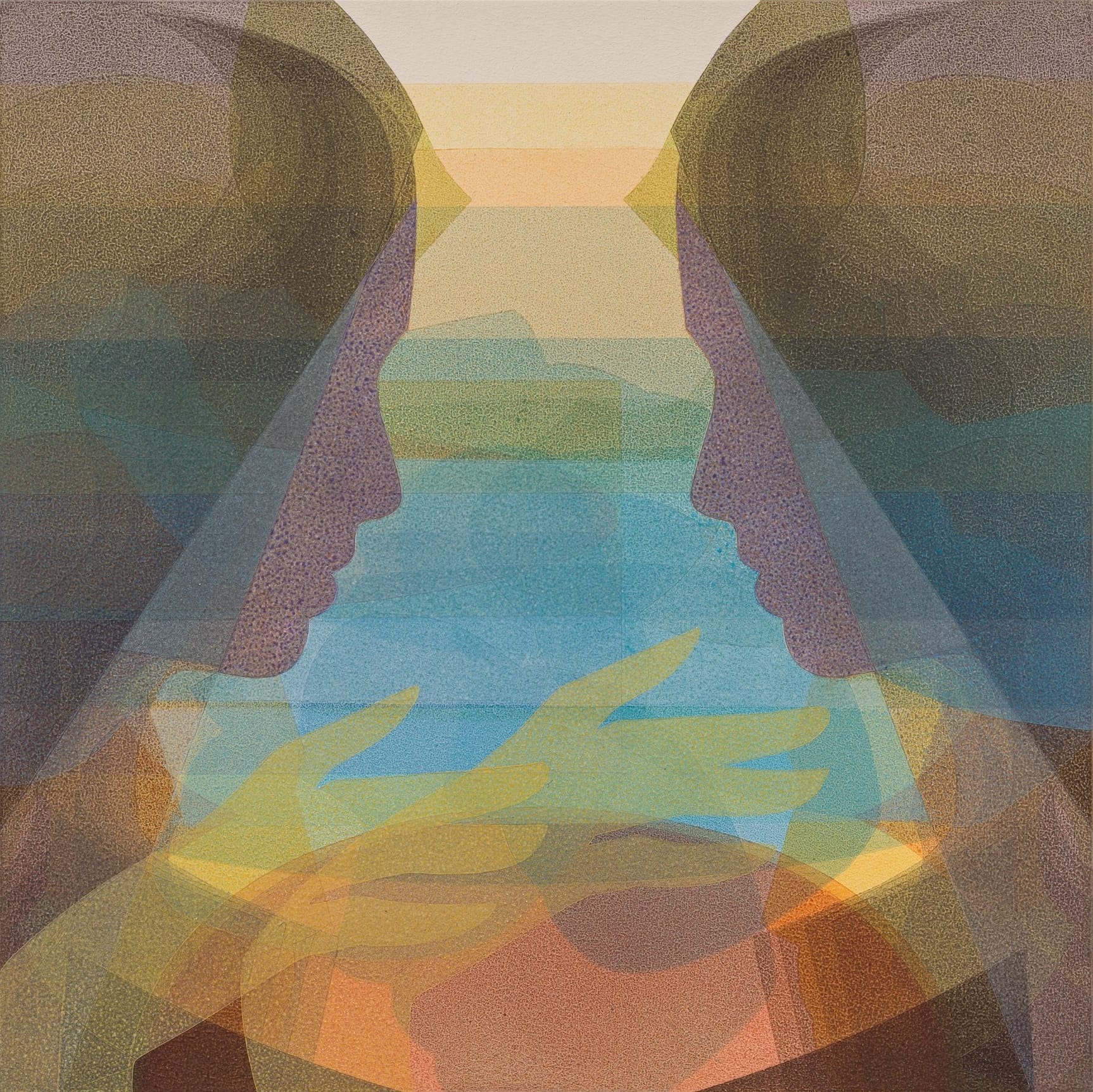 a prismatic, abstract painting by Marina Kappos in acrylic paint with faint, blurry outlines of faces