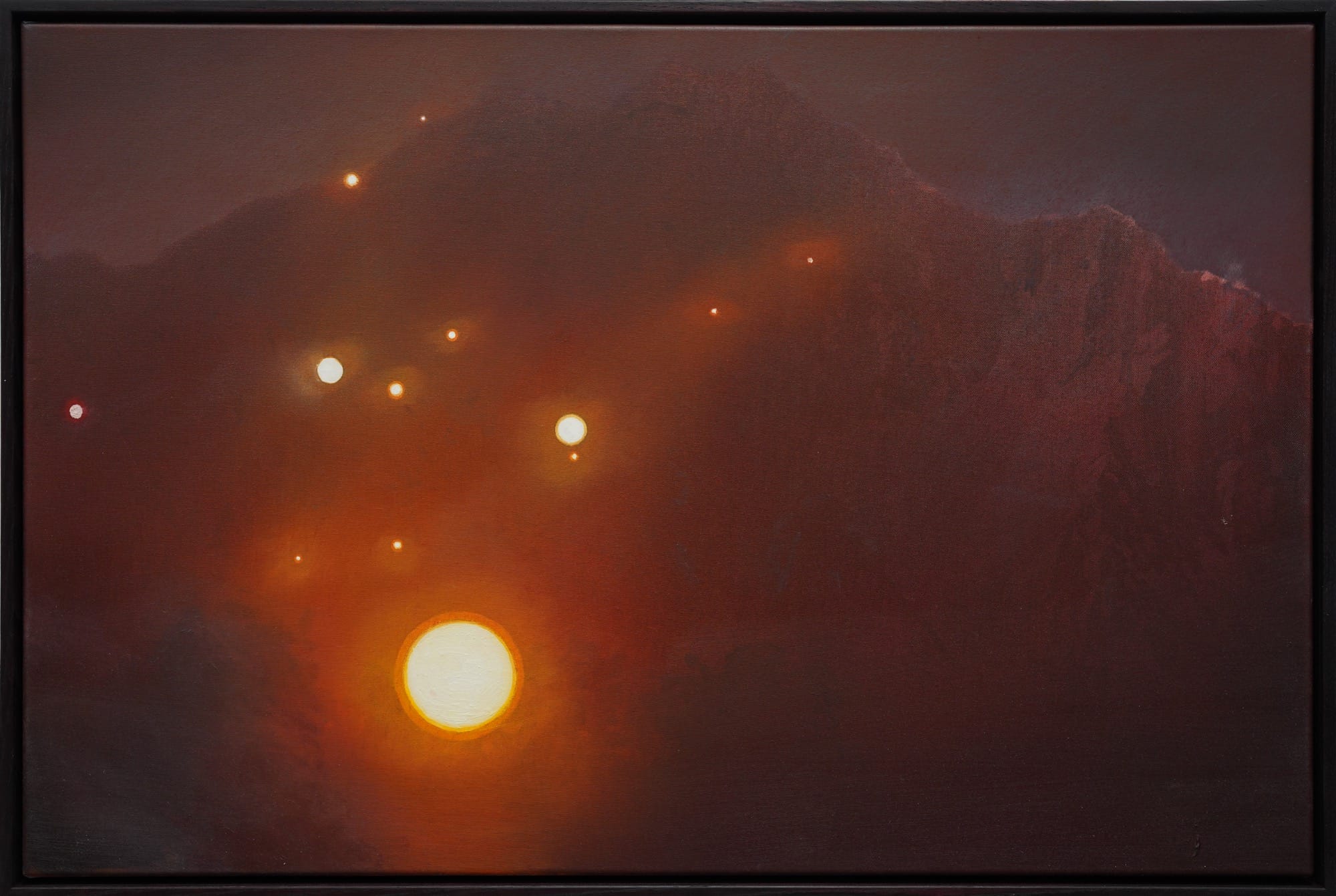 a red landscape painting by Andrew McIntosh with mountains and small glowing orbs