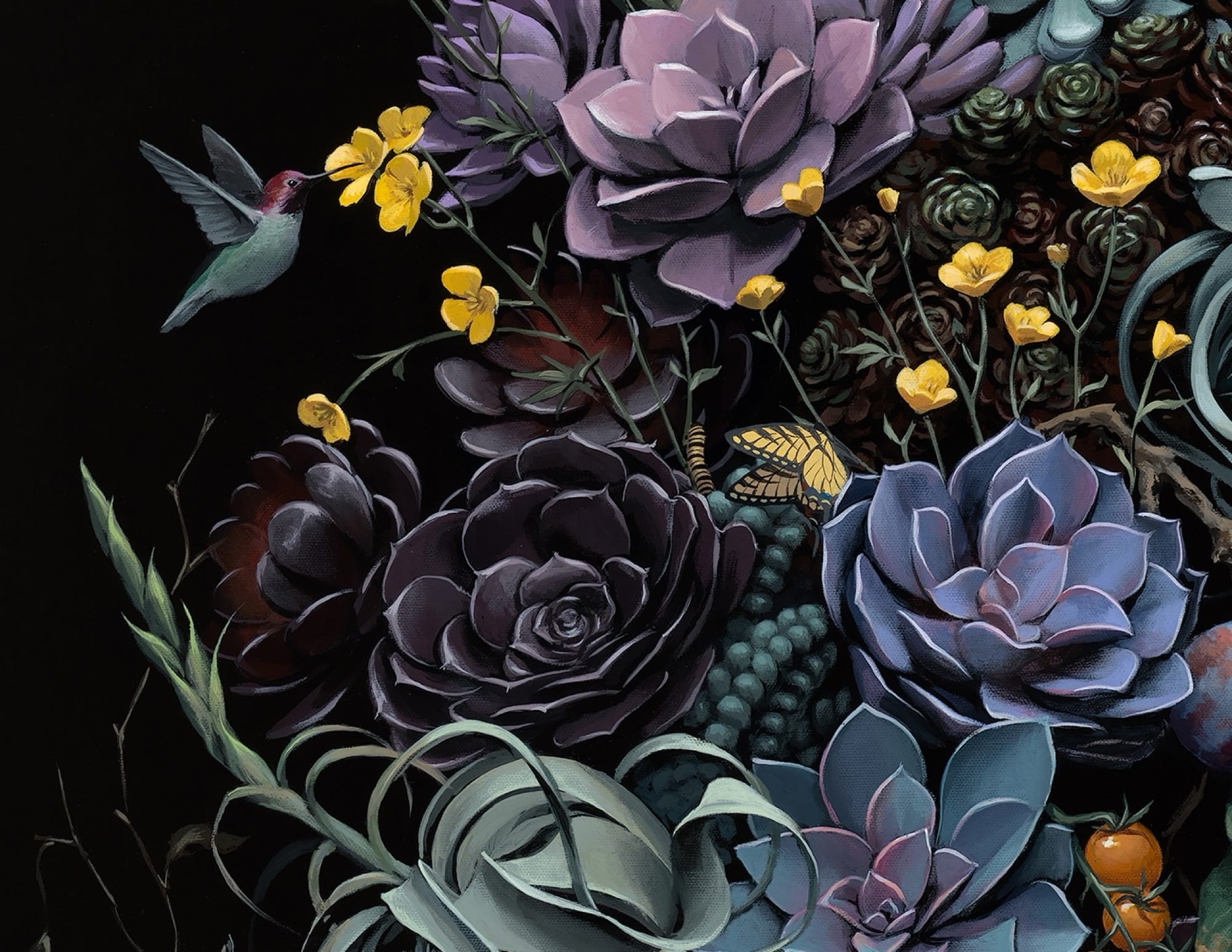A detail of a hyperrealistic, detailed still life painting of florals, succulents, and birds