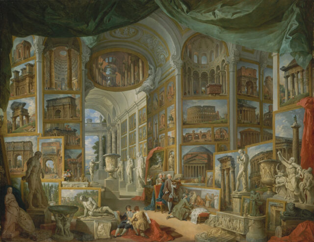 a painting of people surrounded by paintings and sculptures in a tall-ceilinged room
