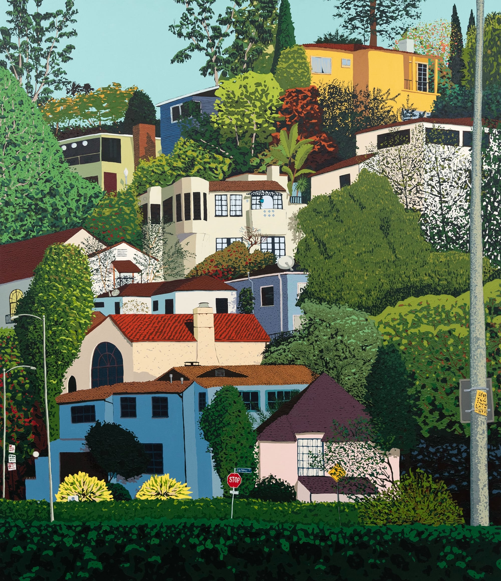 a vibrant painting by Hilary Pecis of houses in the hills