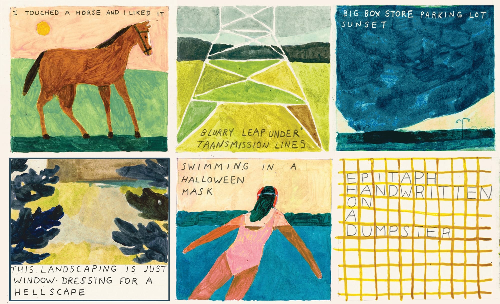 a grid of six small drawn prompts for photos by Pat Perry