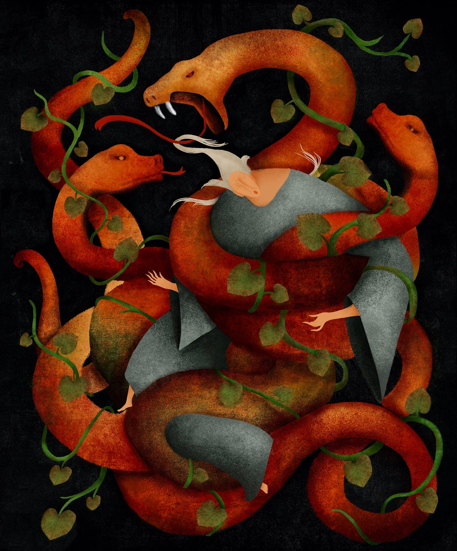 an illustration by Fatinha Ramos of orange serpents in a tangle