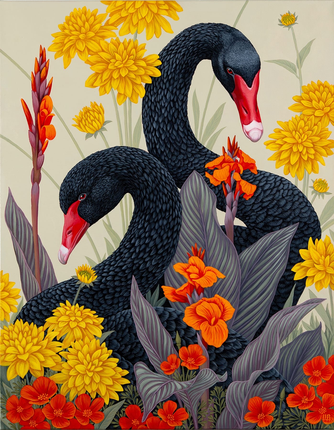a painting by Vasilisa Romanenko of two black swans amid orange and yellow flowers