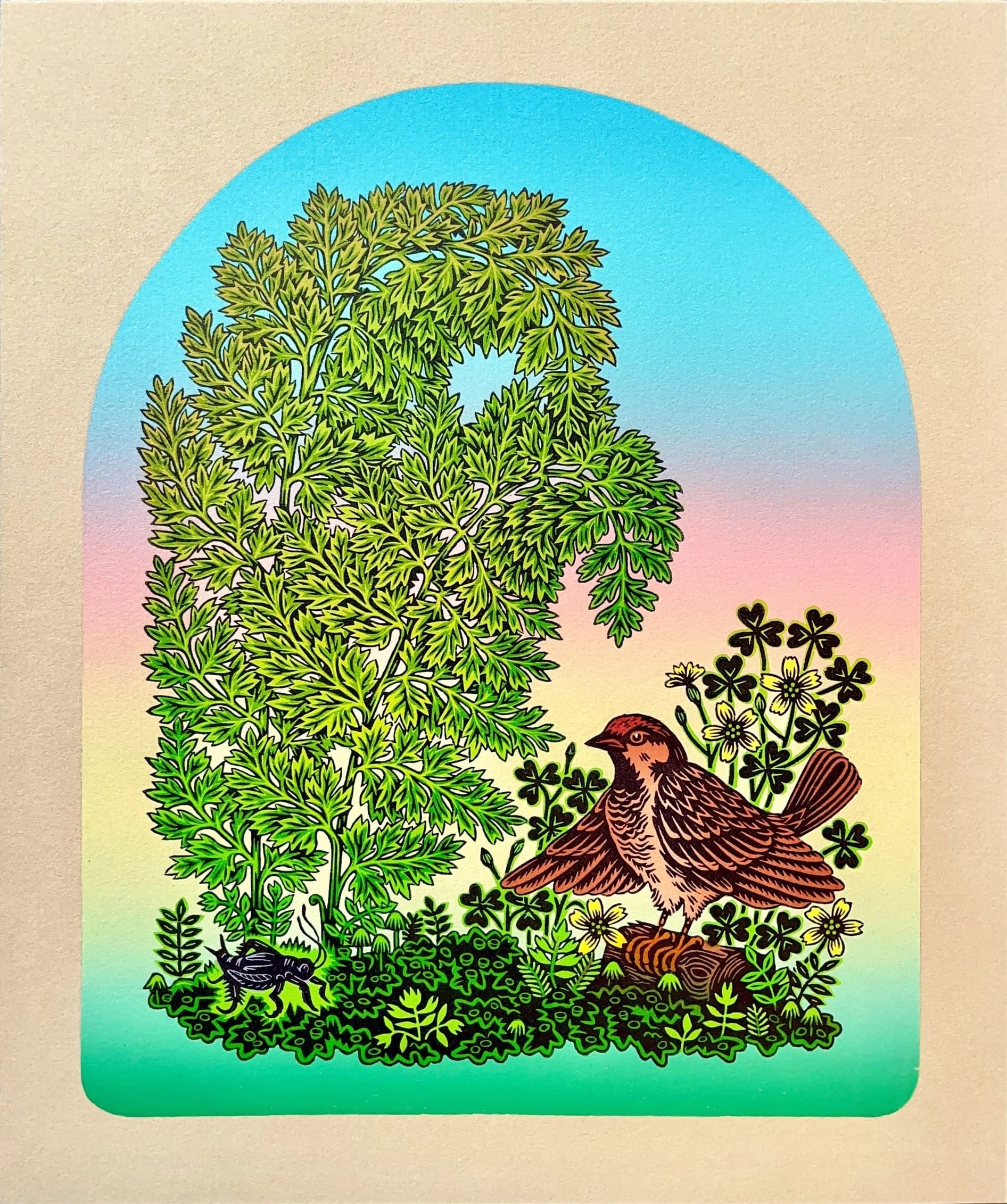 a woodblock print of a songbird and a cricket against a gradient sky and plants