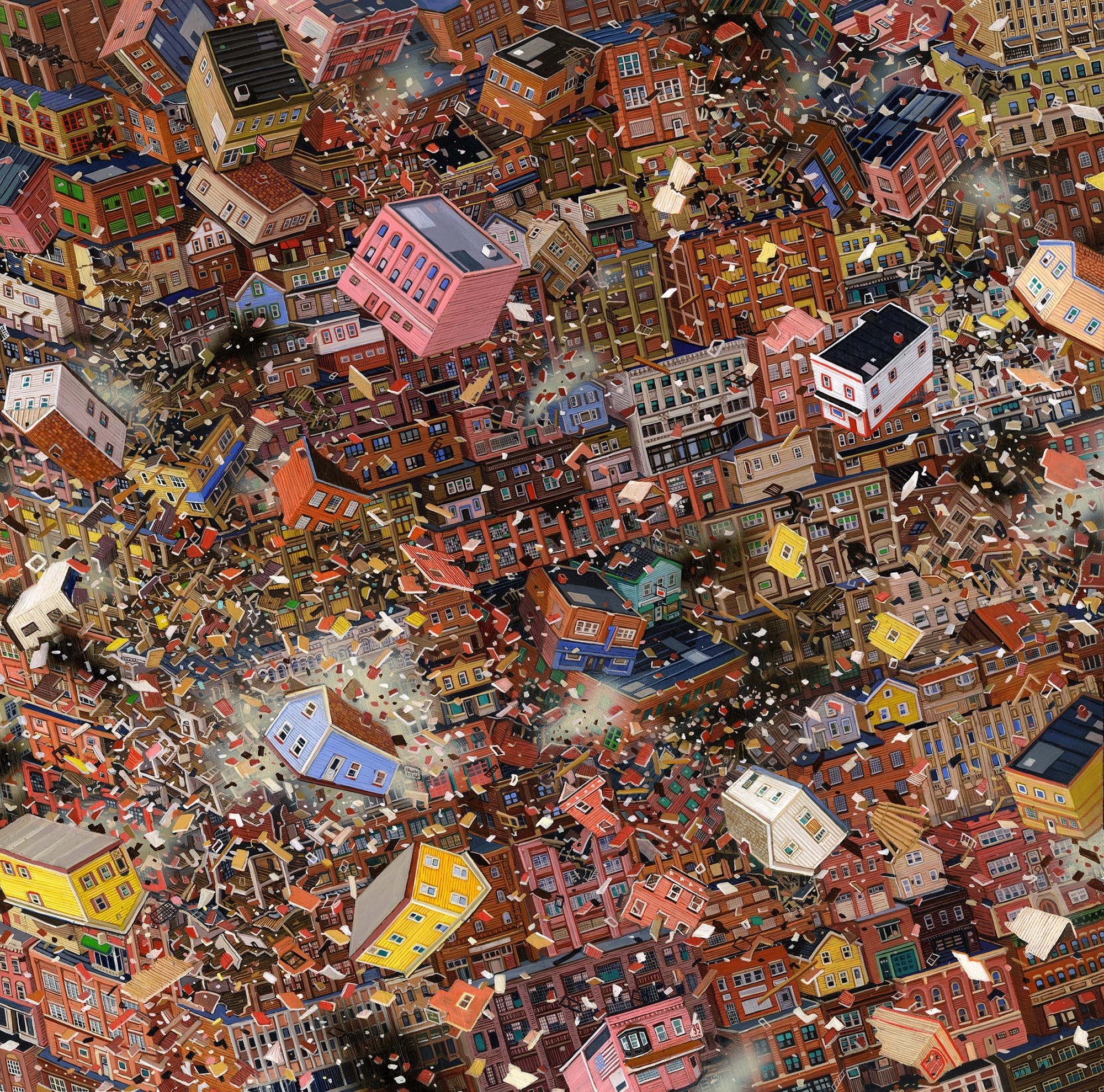 a highly detailed acrylic painting of houses flying through a field of debris