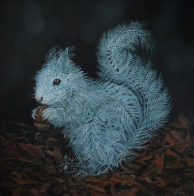 an acrylic painting of a squirrel eating a nut, with a body made of ghostly plants