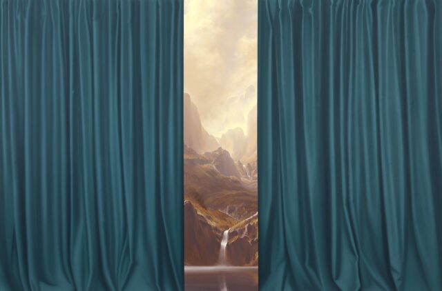 a painting by Shawn Huckins of curtains opening to reveal a landscape